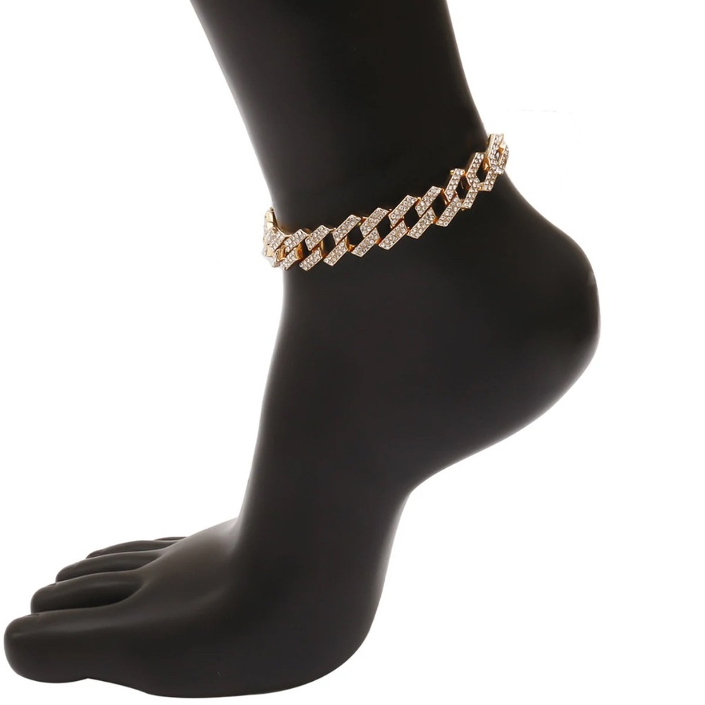 Cuban Full Crystal Rhinestone Link Chain Anklet, Micro Paved - Picture 8 of 10